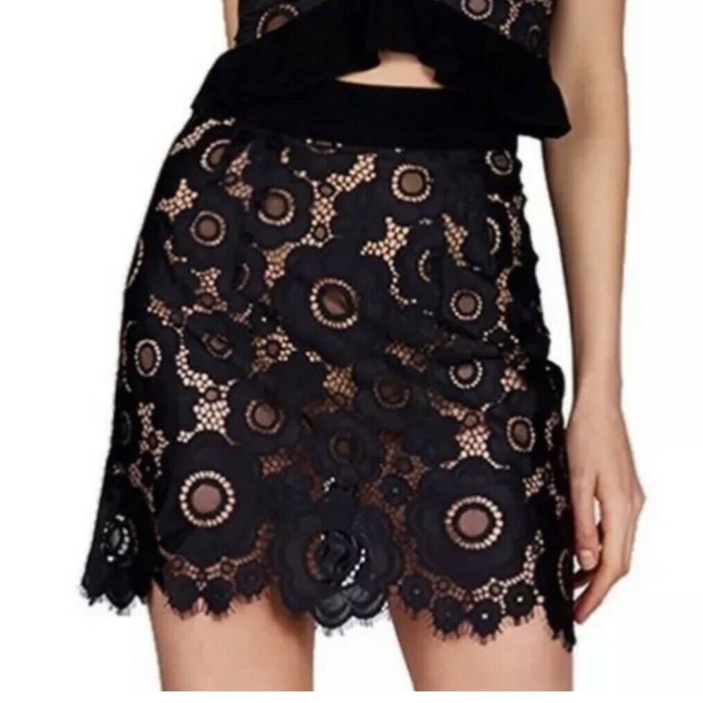 For Love & Lemons Formal Sonya Floral Lace Mini Skirt Black Scalloped Hem Small